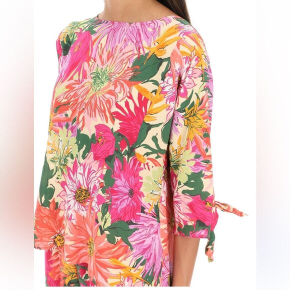 Weekend Max Mara Vorra Silk Top in Fuxia Pink Floral Print w/ Tie Sleeves Size 6 - Picture 11 of 12